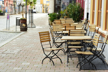 Fototapeta na wymiar 4/13/2020 in Dillingen, Bavaria, Germany, during the Corona Pandemic the streets and restaurants are empty due to the curfew