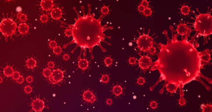 3D rendering animation, red coronavirus cells covid-19 influenza flowing on dark red gradient background as dangerous flu strain cases as a pandemic medical health risk concept of disease cells risk