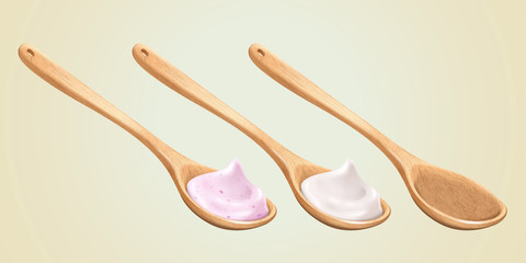 Three wooden spoon with cream