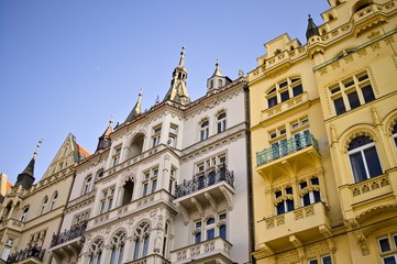 Obraz premium Traditional bohemian buildings with decorated facades (Prague, Czech Republic, Europe)