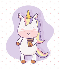 kawaii unicorn with coffee cup cartoon character magical fantasy