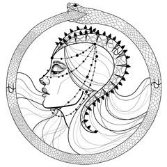 black and white profile of a girl a zodiac zodiac Ophiuchus the goddess of the snakes ouroboros    - 341640963