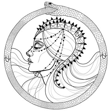  black and white profile of a girl a zodiac zodiac Ophiuchus the goddess of the snakes ouroboros   