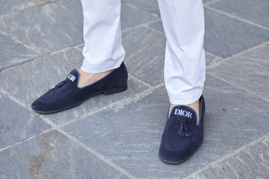 Man With White Trousers And Dior Blue Shoes On June 16, 2019 In Milan, Italy
