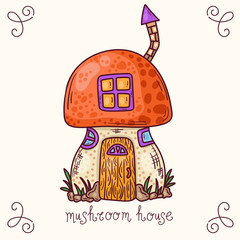 Forest mushroom house cute colorful doodle vector drawing