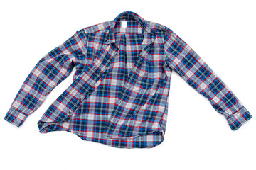 Blue men's cotton plaid shirt isolated on white background
