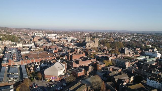 Rising aerial of Exeter, the gateway to the southwest. Home of the Met office, historical town