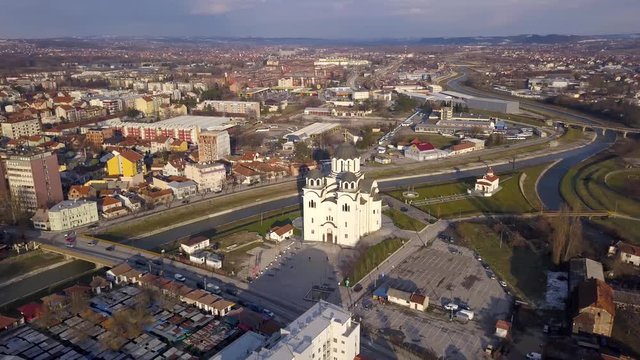 Valjevo. Serbia. Drone flying next to a curch