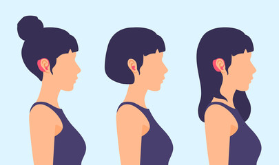 Girls with hearing aid devices on their ears. Side view, a person's profile. A woman with hearing issues. Vector flat illustration.