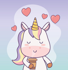 kawaii unicorn with coffee cup hearts cartoon character magical fantasy