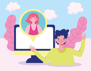 meeting online, couple connected computer talking cartoon