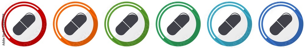 Poster drugs icon set, flat design vector illustration in 6 colors options for webdesign and mobile applica