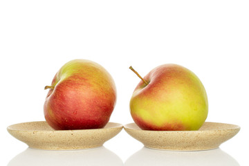 Group of two whole fresh garden apple on plates isolated on white
