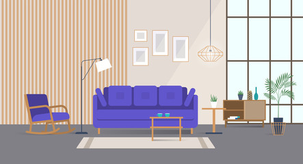Spacious home interior with stylish comfy furniture. Home decor in flat style illustration
