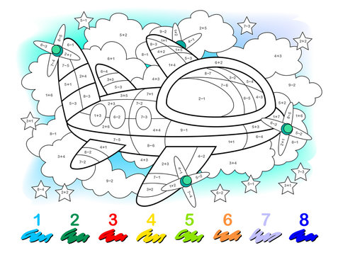 Math education for little children. Coloring book. Mathematical exercises on addition and subtraction. Solve examples and paint the plane. Developing counting skills. Printable worksheet for kids.