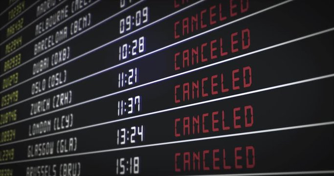 Canceled vacation flights. Arrival and departure times on information board are changed to canceled. Digital generated animation.