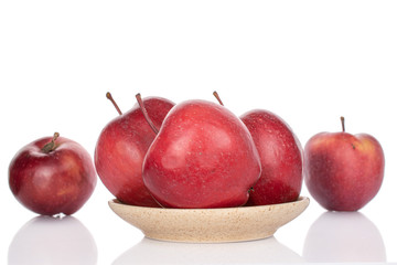 Group of five whole red delicious apple on ceramic plate isolated on white