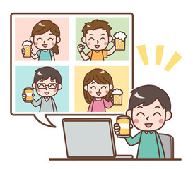 オンライン飲み会　ビールで乾杯する男女