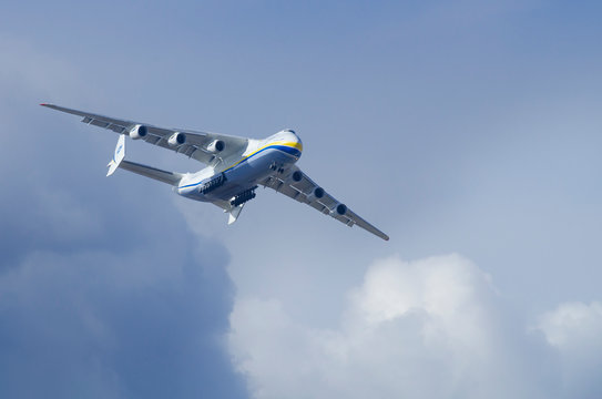 Warsaw, Poland &ndash; April 14, 2020. Antonov 225 Mriya transport aircraft over the southern Warsaw bypass during approach to landing at the airport Frederic Chopin.