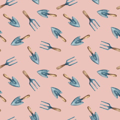 Seamless pattern, garden tools, watercolor painting. 