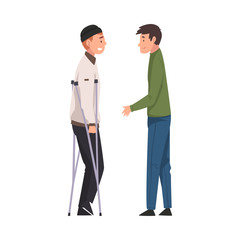 Disabled Man with Crutches Meeting with His Friend, Handicapped Man Receiving Support and Having Good Time, Person Enjoying Full Life Vector Illustration
