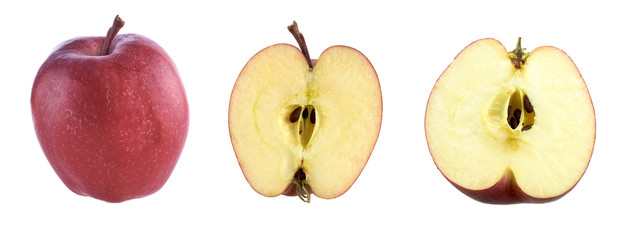 Red Apple, two halves of an Apple isolated on a white background. Clipping path.