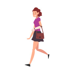 Smiling Beautiful Young Woman Wearing Casual Clothes Walking with Bag Vector Illustration