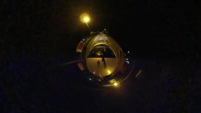 Miniature tiny planet night driving urban city landscape urban sphere effect distortion