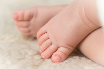 Obraz na płótnie Canvas baby feet close-up, newborn lying on the bed