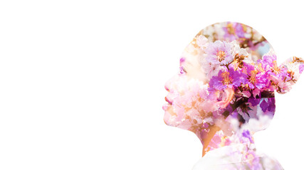 Beautiful double exposure woman profile with purple flowers on white