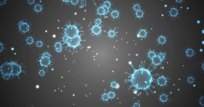 3D rendering animation, blue coronavirus cells covid-19 influenza flowing on grey gradient background as dangerous flu strain cases as a pandemic medical health risk concept of disease risk