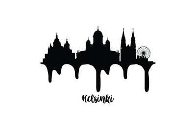 Helsinki Finland black skyline silhouette vector illustration on white background with dripping ink effect.