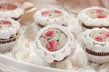 Candy bar on wedding ceremony with a lot of different candies and beverages