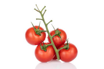 Group of four whole fresh red cherry tomato on vine isolated on white
