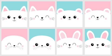 White cat rabbit bunny seal pup sea lion, bear head face square icon set. Notebook cover, greeting card. Cute cartoon kawaii funny character. Valentines Day. Flat design. Blue pink background.