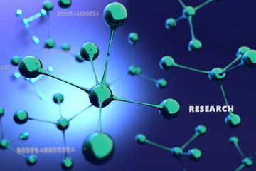 3d image of floating green molecules, science background with white text of research and series of numbers, macro shot with blue background
