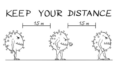 Vector cartoon stick figure drawing instructional illustration coronaviruses standing in line or how to be in queue during coronavirus COVID-19 epidemic. Keep your distance text.