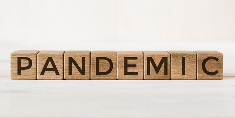 The sign Pandemic on wooden cubes, white background. Medical concept, epidemic diseases.