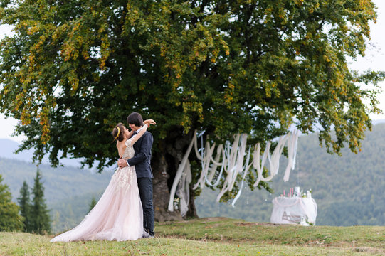 The bride and groom are hugging under an old oak tree. Wedding photo shoot in the mountains.