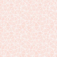 Fototapeta premium Cute pastel pink on white linear doodle triangle seamless pattern. Hand drawn stripped triangular background. Infinity geometrical wallpaper, wrapping paper, fabric, textile. Vector illustration. 