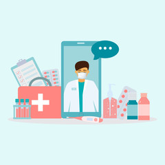 Online medical consultation during quarantine. Stay home to be protective from coronavirus. Application healthcare.