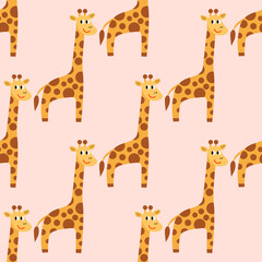 Cartoon cute giraffe in flat style seamless pattern. Wild animal background. Childlike style. Vector illustration. 