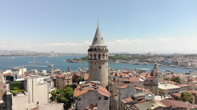 Aerial Galata Tower and Cultural Heritages of  Istanbul. Golden Horn, Sultanahmet Mosque, Hagia Sophia, Topkapi Palace, Bosphorus.