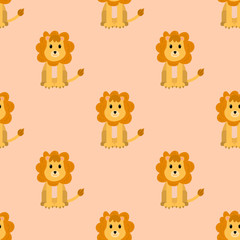 Cute cartoon lion in flat style seamless pattern. Wild cat background. Vector illustration.  