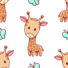 Seamless pattern, cute kawaii hand drawn giraffe doodles