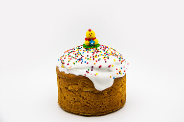 Ukrainian and Russian traditional Kulich or Paska against white background. Easter Paska or Easter Cake.