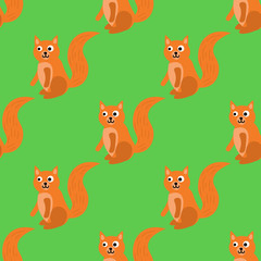 Obraz premium Cute cartoon squirrel in flat style seamless pattern. Woodland animal background. Vector illustration. 