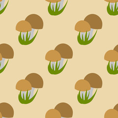 Cute cartoon mushrooms with grass in flat style seamless pattern. Woodland background. Vector illustration.   