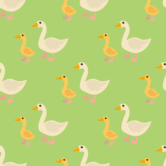 Cartoon cute goose and gosling family in flat style seamless pattern. Farm animal background. Vector  illustration. 