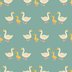 Cartoon cute goose and gosling family in flat style seamless pattern. Farm animal background. Vector  illustration. 